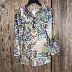 Chico's S Taupe Green Turquoise Paisley Lace Up Top Mod Hippie Artsy Indie Boho